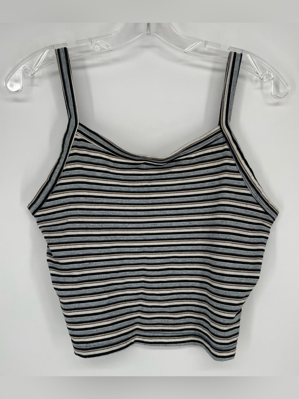 90s Y2K Gray & Black Striped Cropped Cami Top Stretch Knit Retro Crop Top